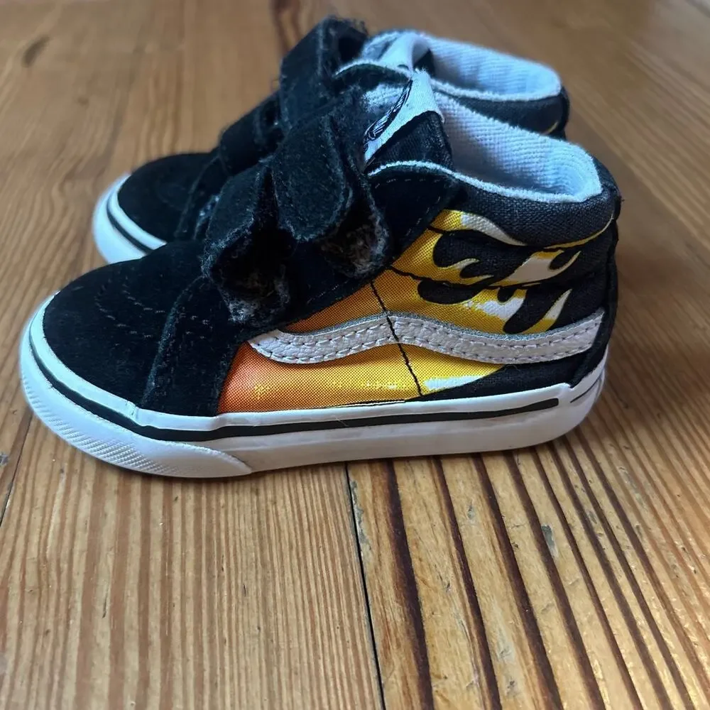 VANS black suede red orange flame high top velkro sneakers SIZE 5‎